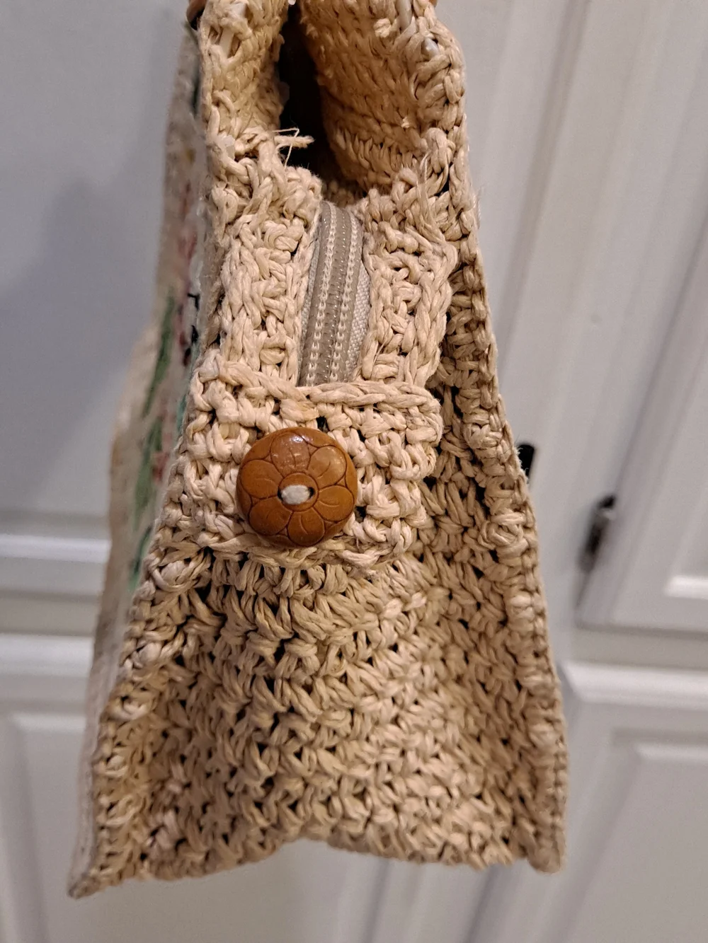 Fossil Vintage Woven Paper Straw Shoulder Bag Floral Pink Green Embroidery